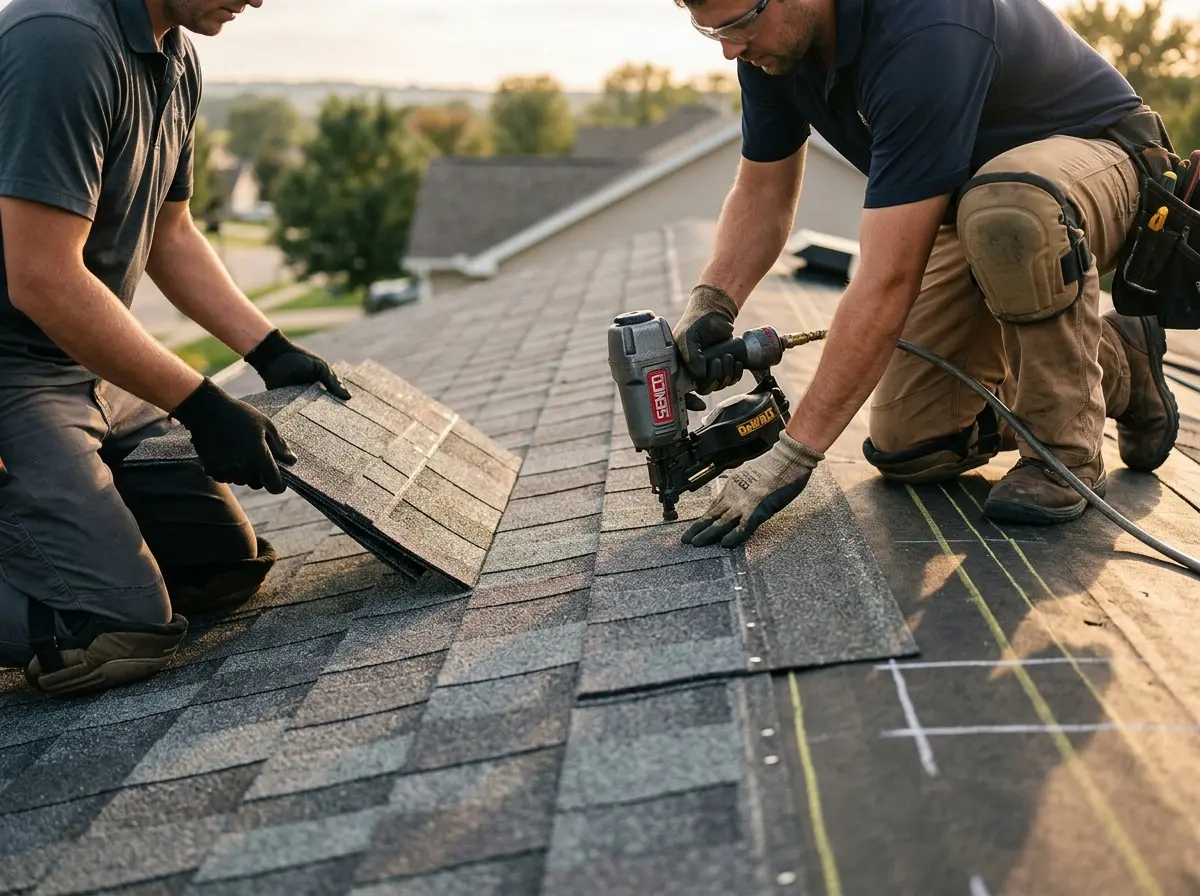 Professional roofer working on a residential roof in Greenbelt